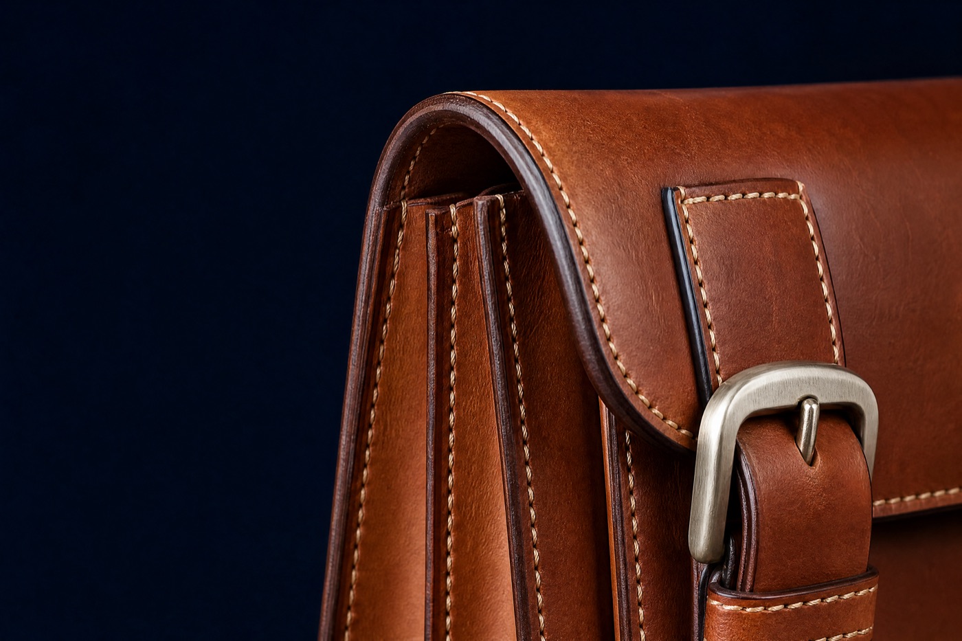 Macro detail of an accordion gusset fold and a brushed nickel buckle on tan leather
