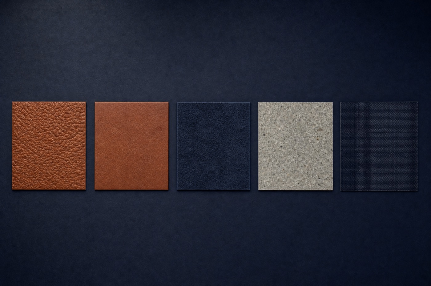Five leather swatches in a row showing full-grain, corrected grain, split, recycled fibre and a synthetic surface