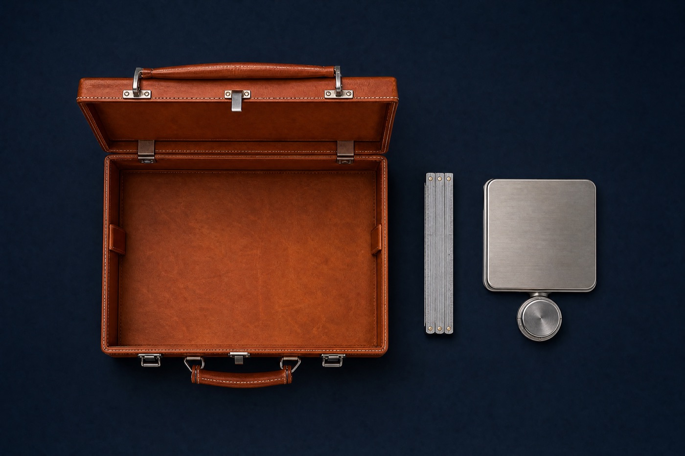 An open empty briefcase beside a folding rule and a scale platform, arranged on a grid